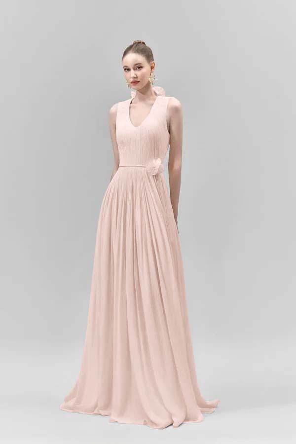 Chic Sleeveless Straps V Neck Long Formal Dress With Pleated Belt