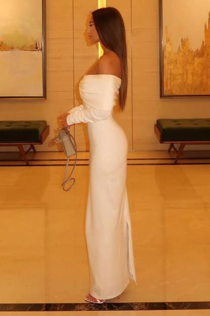 Off the Shoulder Long Sleeves Long Mermaid Formal Dress With Pleated
