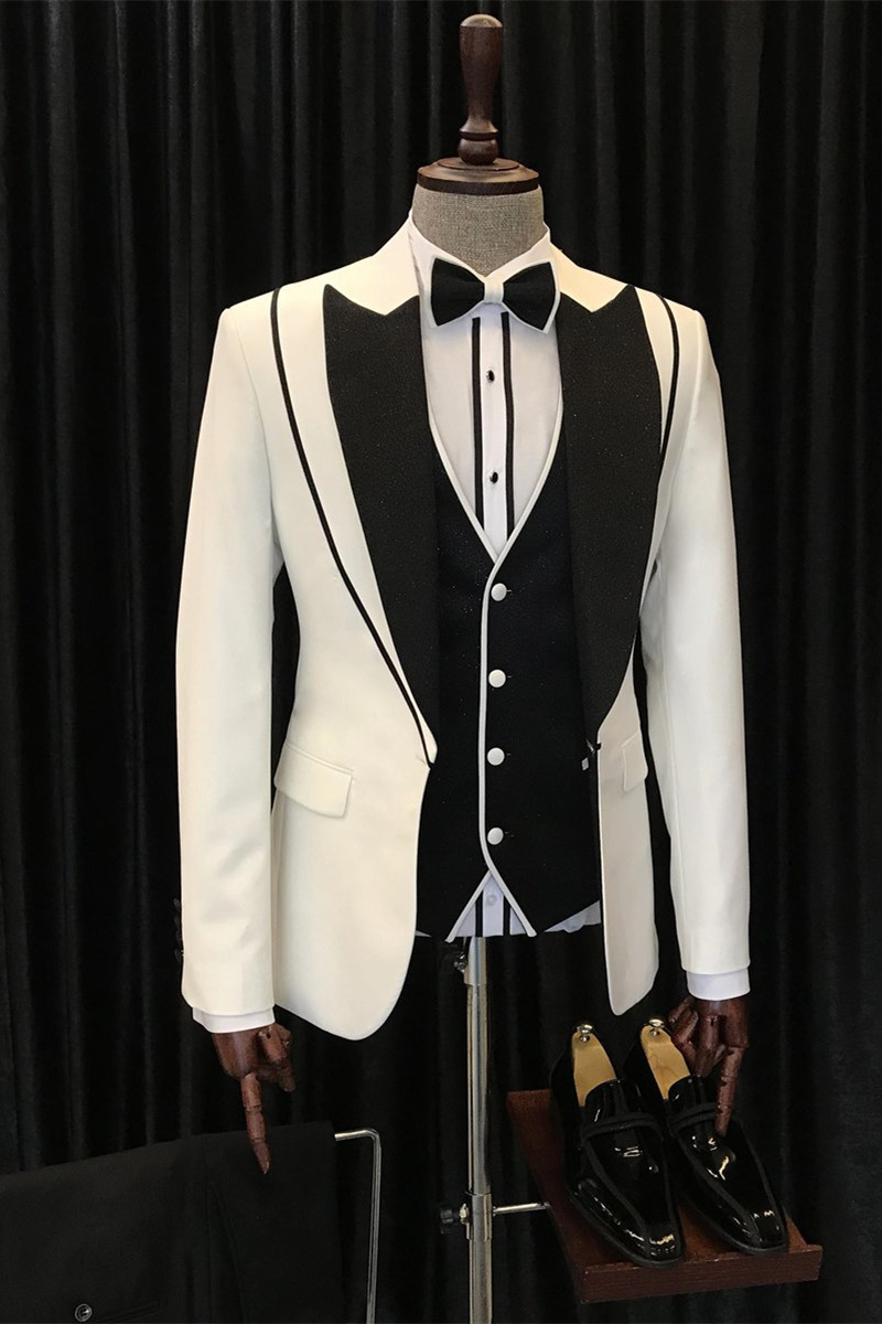 Abel Three-Piece Fashion White and Black Peaked Lapel Wedding Suits