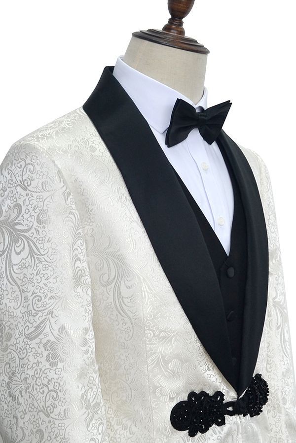 Stylish Knitted Button Black Shawl Lapel White Jacquard Three-Piece Wedding Tuxedo for Men