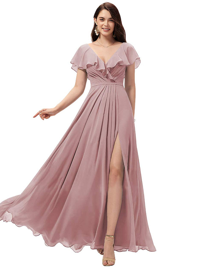 Chiffon Ruffles Bridesmaid Dress with Split