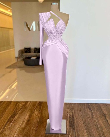 Long Sleeve One Shoulder Long Formal Dress With Pleated Appliques
