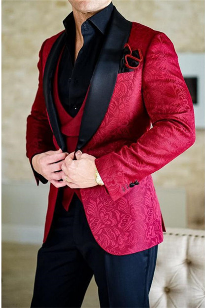 Red Shawl Lapel Jacquard Jacket Business Slim Fit Mans Suit Three Pieces