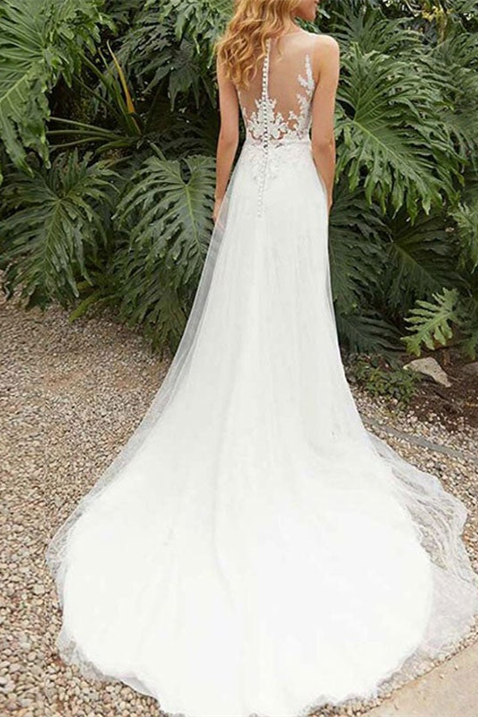 Split Lace Sleeveless Wedding Dress