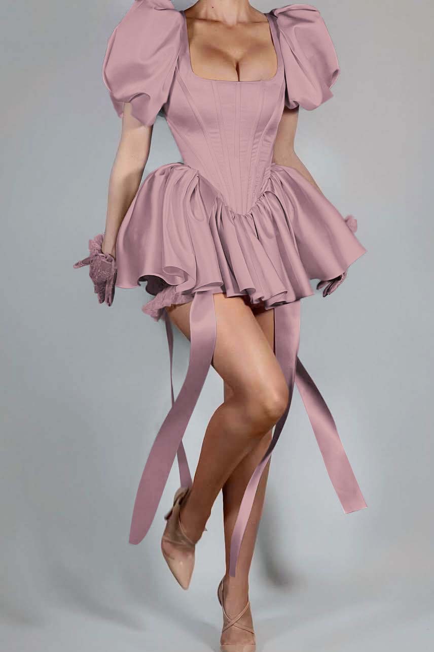 Bubble Sleeves Square Neck Short Formal Dress With Ruffles Pleated