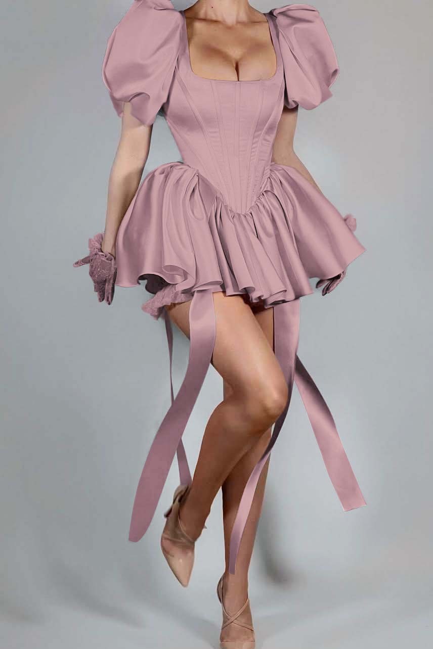 Bubble Sleeves Square Neck Short Formal Dress With Ruffles Pleated