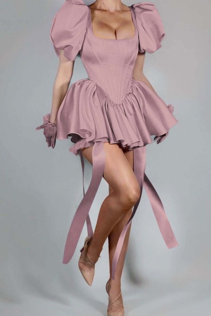 Bubble Sleeves Square Neck Short Formal Dress With Ruffles Pleated