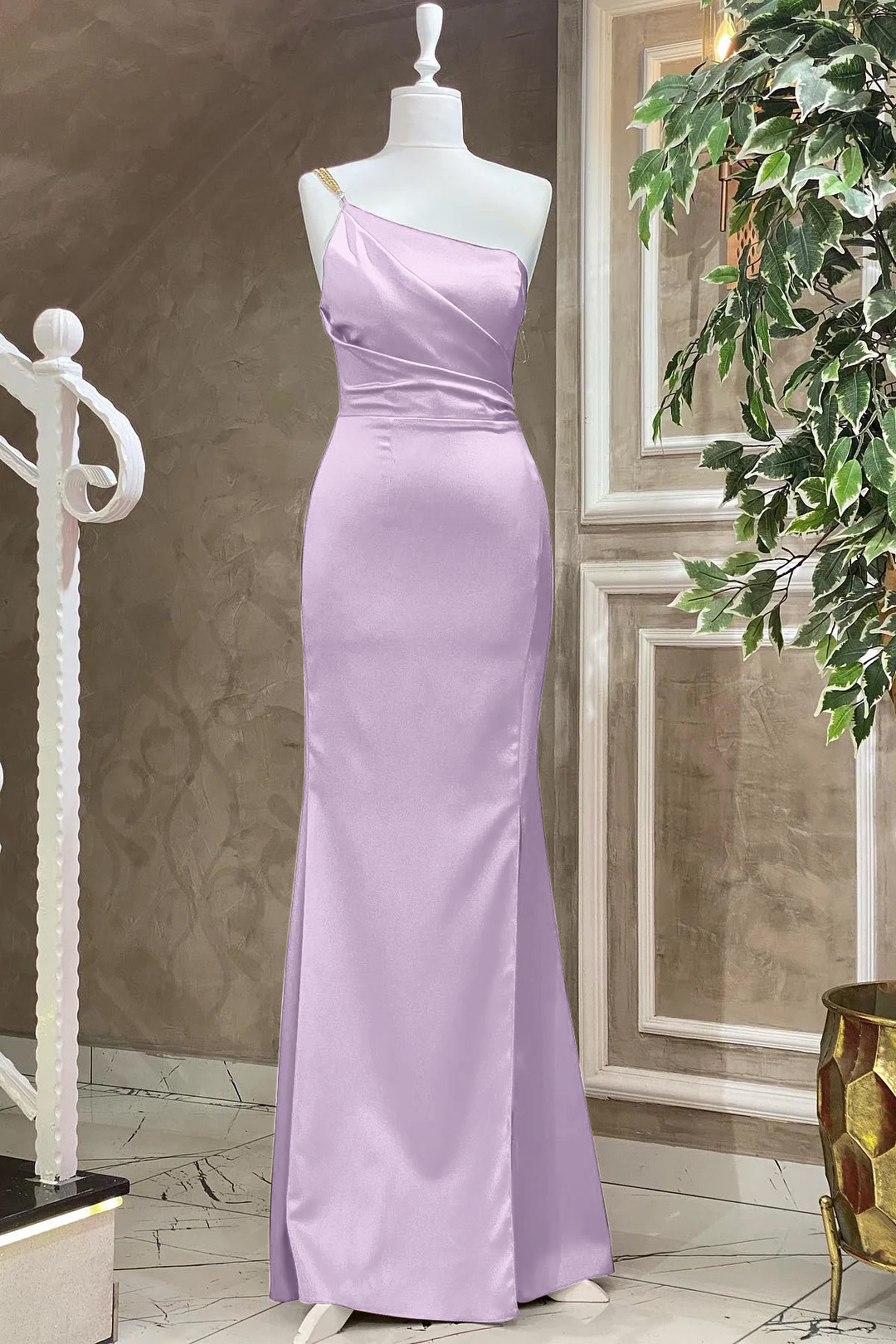 Fuchsia One Shoulder Floor Length Evening Dress With Pleat Mermaid