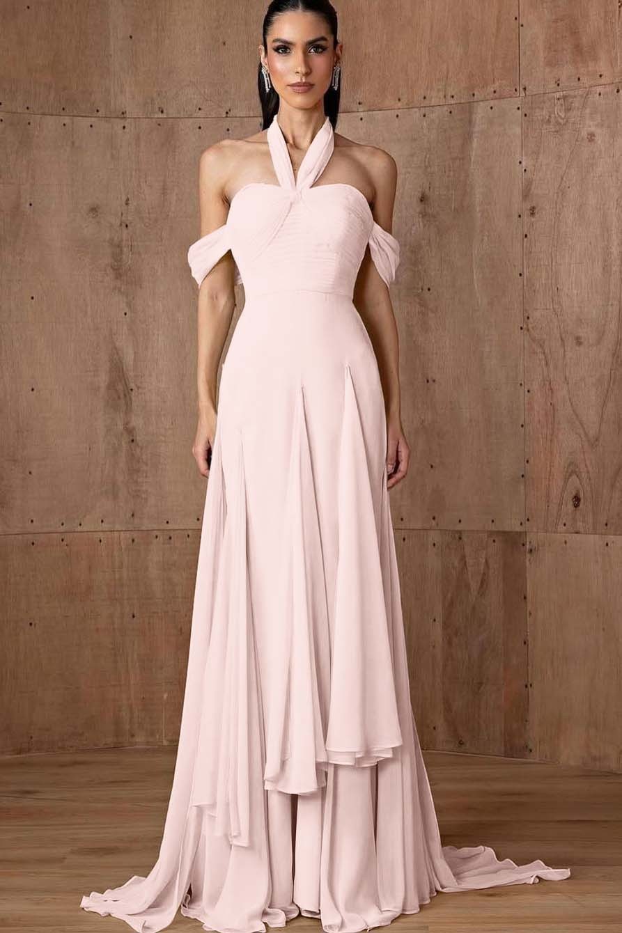 Halter Off the Shoulder Sleeveless Long Formal Dress With Ruffles