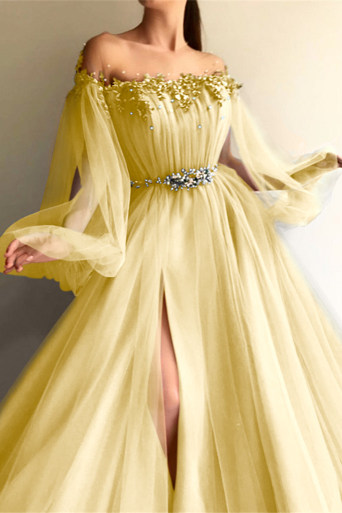 Long Sleeves Off-the-Shoulder Evening Dress With Beads