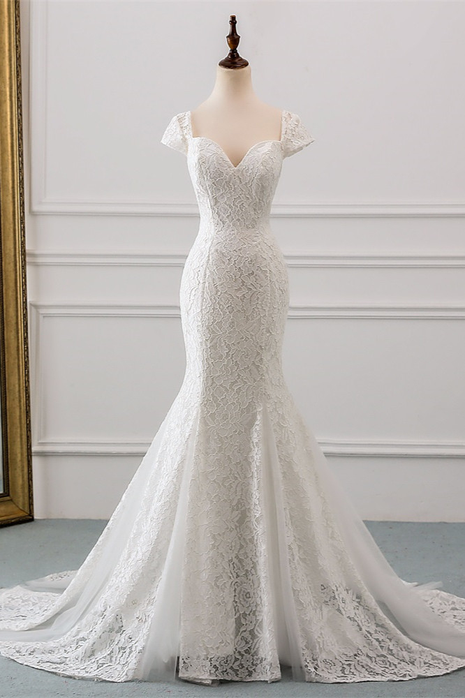 Elegant Mermaid Sweetheart Lace Long Wedding Dress with Cap-Sleeves