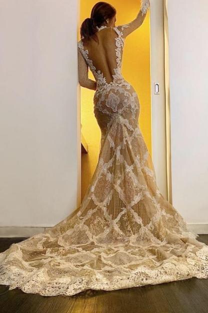 Beautiful Lace Mermaid High-Neck Long Sleeves Wedding Dress with Open Back
