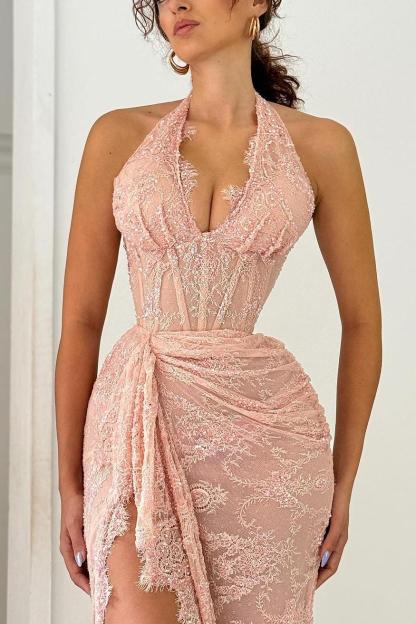 Halter Sleeveless Lace Appliques Pleated Long Formal Dress With Front Split