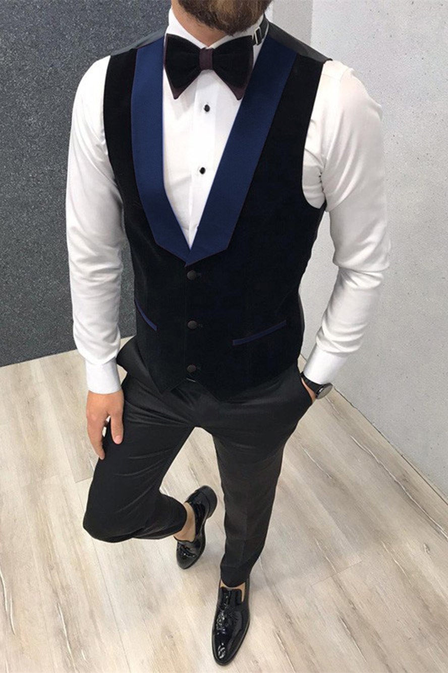 Classic Black-and-Blue Peak-Lapel Three-Piece Wedding Suits with a Waistcoat