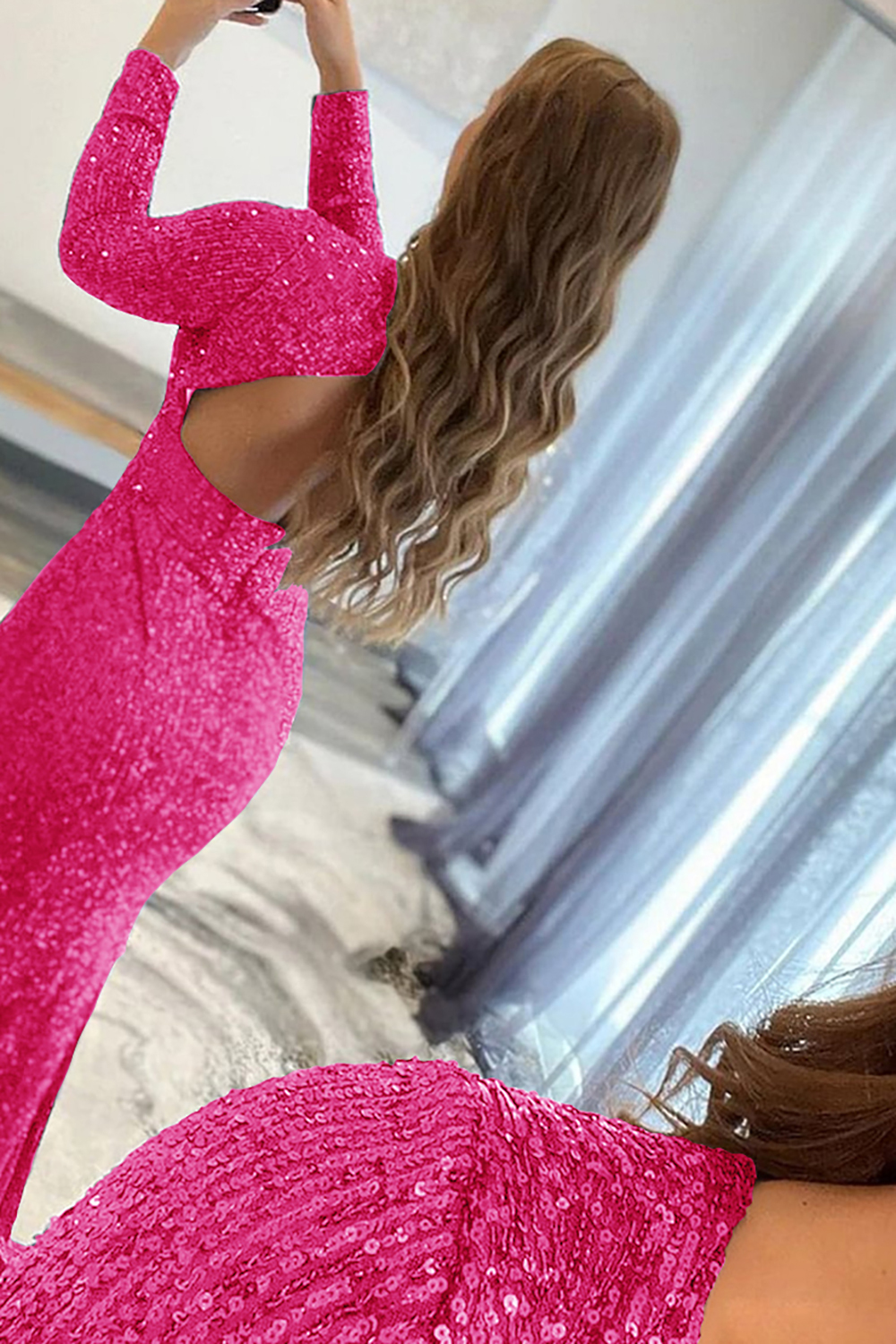 Long Pink Sequins Prom Dress with Deep V Neck and Front Split Sheath