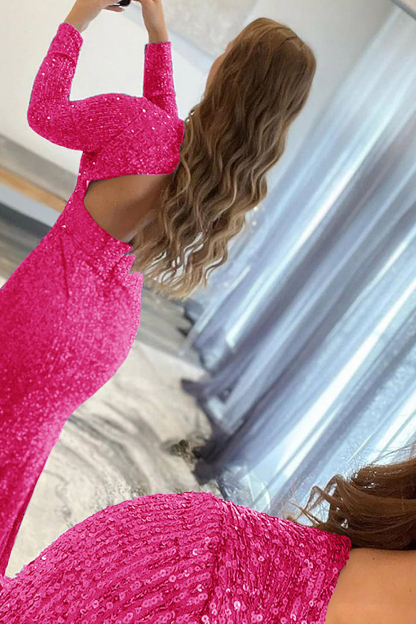 Long Pink Sequins Prom Dress with Deep V Neck and Front Split Sheath