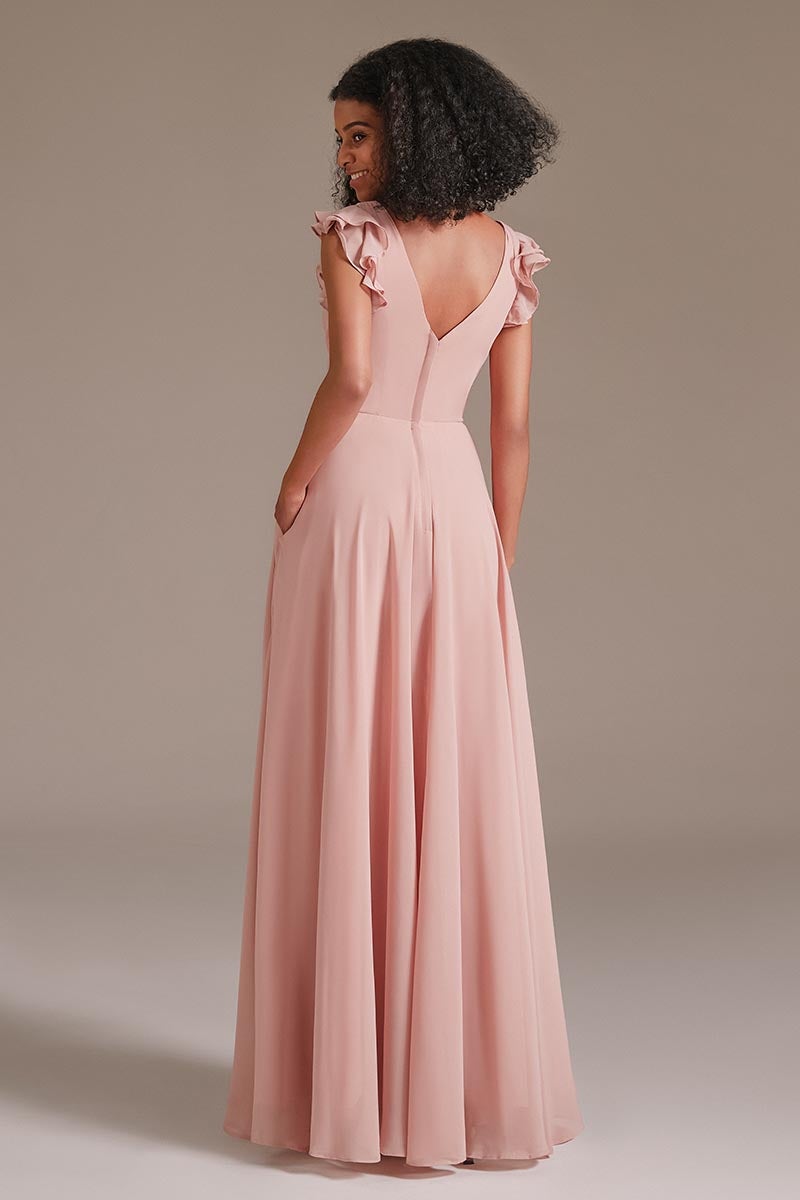 Dusty Rose Ruffles Sleeves Bridesmaid Dress with Pockets