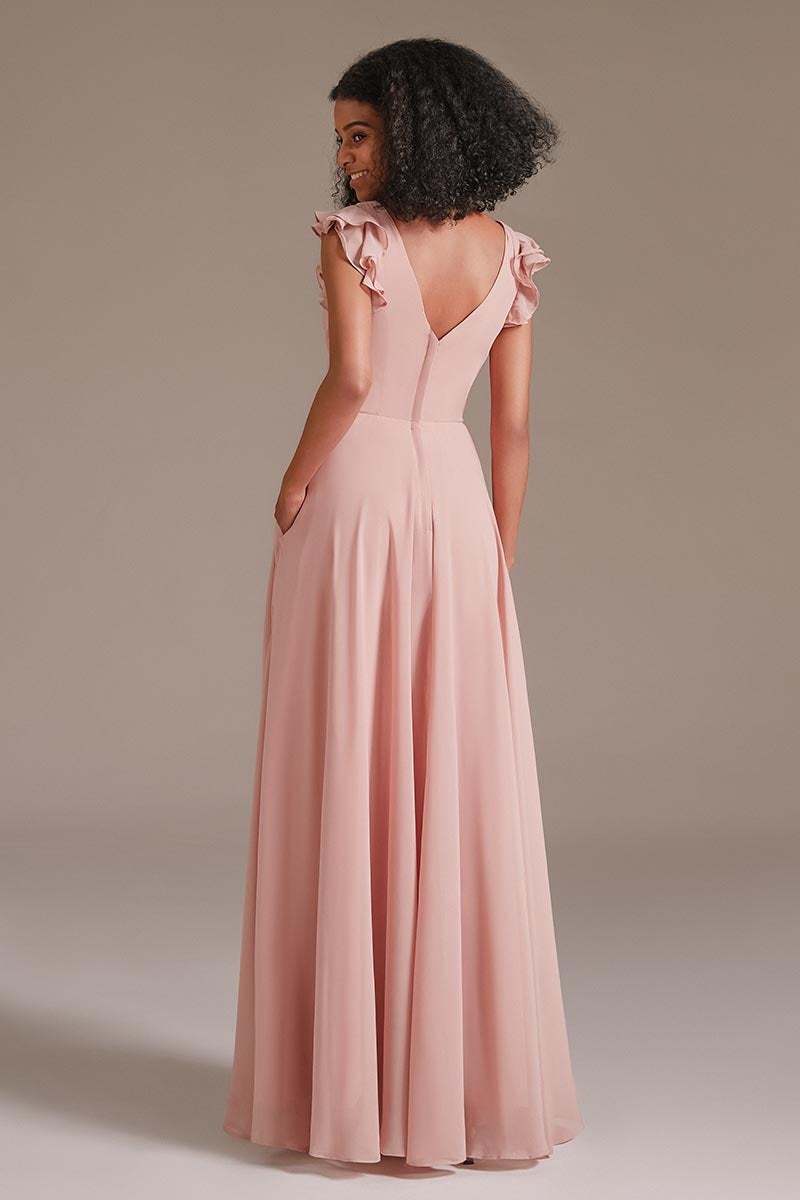 Dusty Rose Ruffles Sleeves Bridesmaid Dress with Pockets