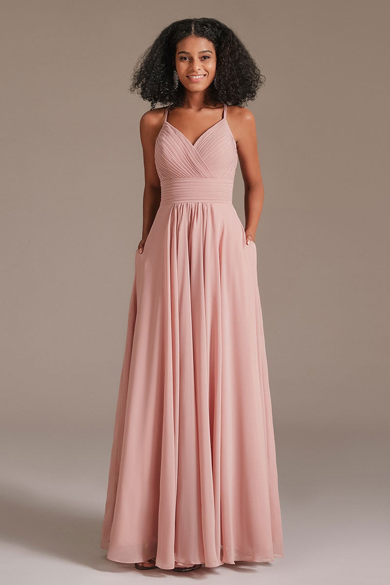 Dusty Rose Pleated Bridesmaid Dress with Pockets