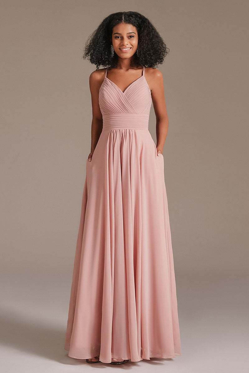 Dusty Rose Pleated Bridesmaid Dress with Pockets