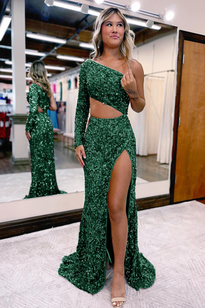 Long Red Sequined Prom Dress with Silt One Shoulder Sheath