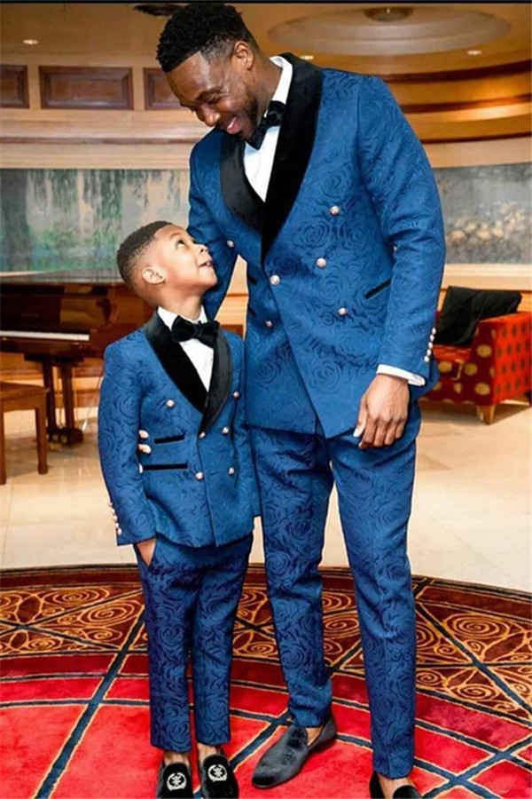 Fantastic Ocean Blue Jacquard Black Lapel Wedding Suit for Men with Double-Breasted