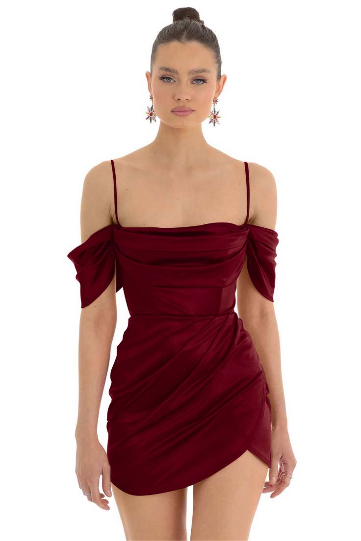 Pretty Fuchsia Spaghetti-Straps Pleats Off-The-Shoulder Short Mini Homecoming Dress