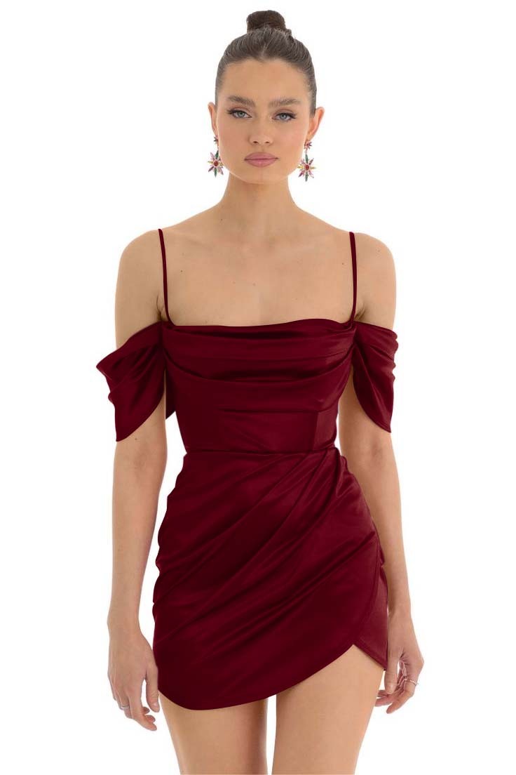 Pretty Fuchsia Spaghetti-Straps Pleats Off-The-Shoulder Short Mini Homecoming Dress