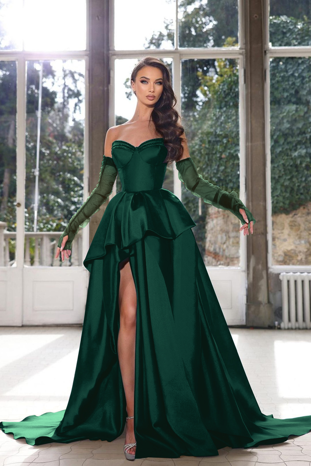 Glamorous Half Sleeves Ink Blue Formal Dress Strapless With High Split Gown