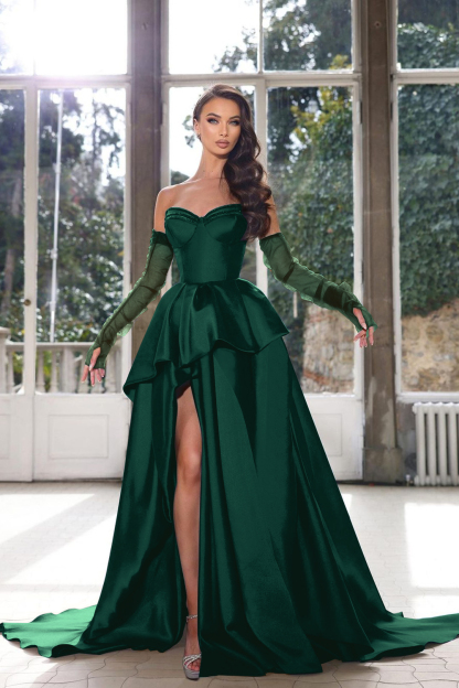 Glamorous Half Sleeves Ink Blue Formal Dress Strapless With High Split Gown