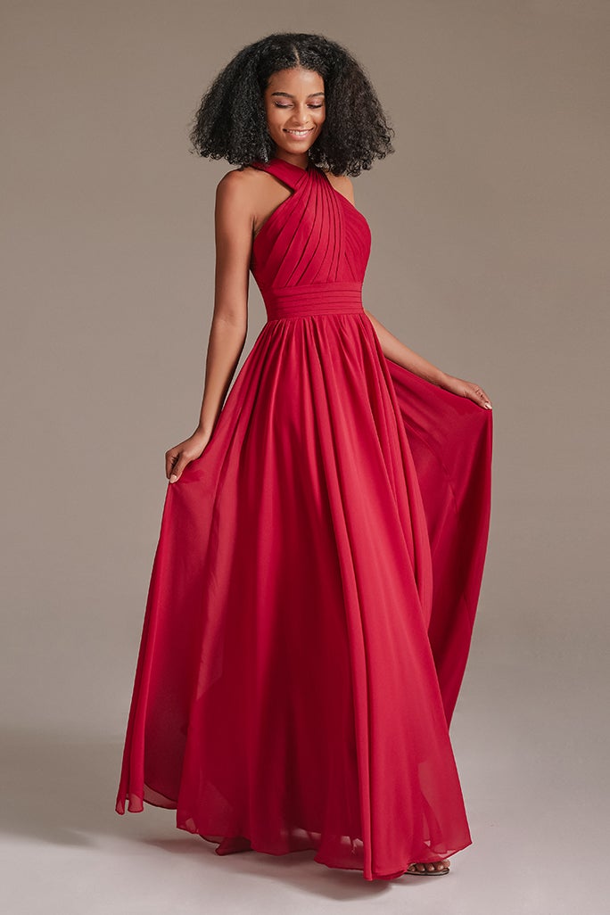 Chiffon Red Halter Bridesmaid Dress