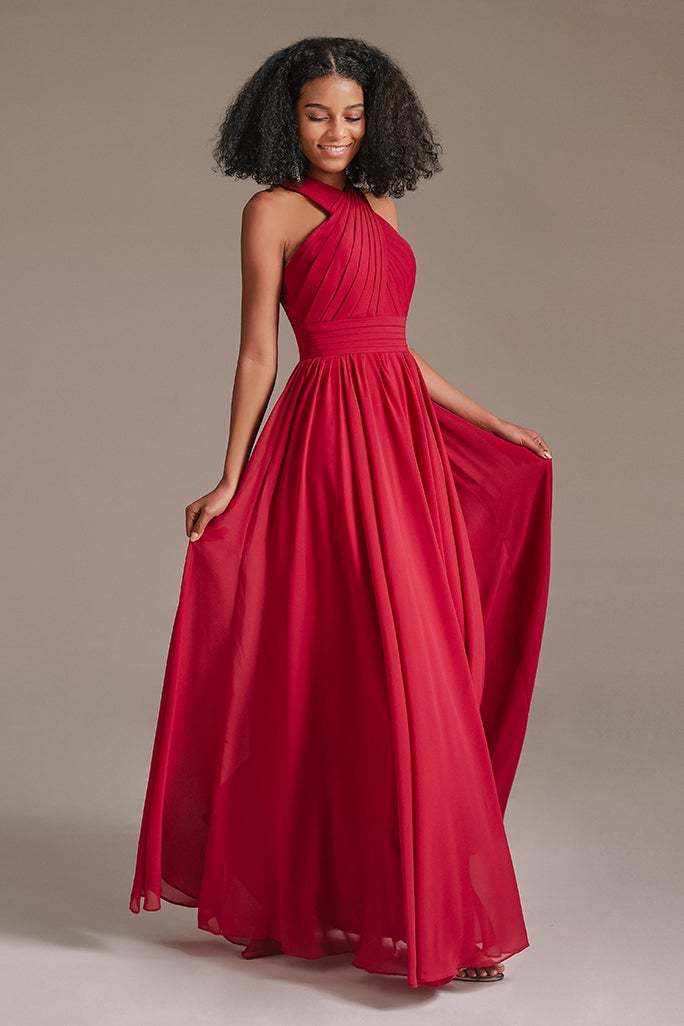 Chiffon Red Halter Bridesmaid Dress