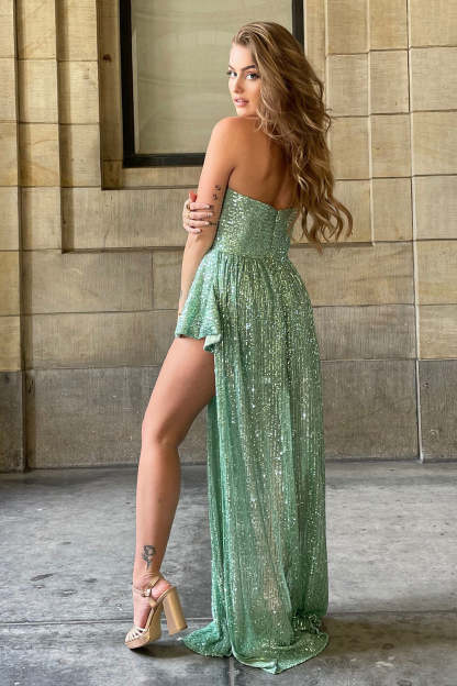 Light Green Halter Homecoming Dress with Asymmetrical Sequined Design and Keyhole