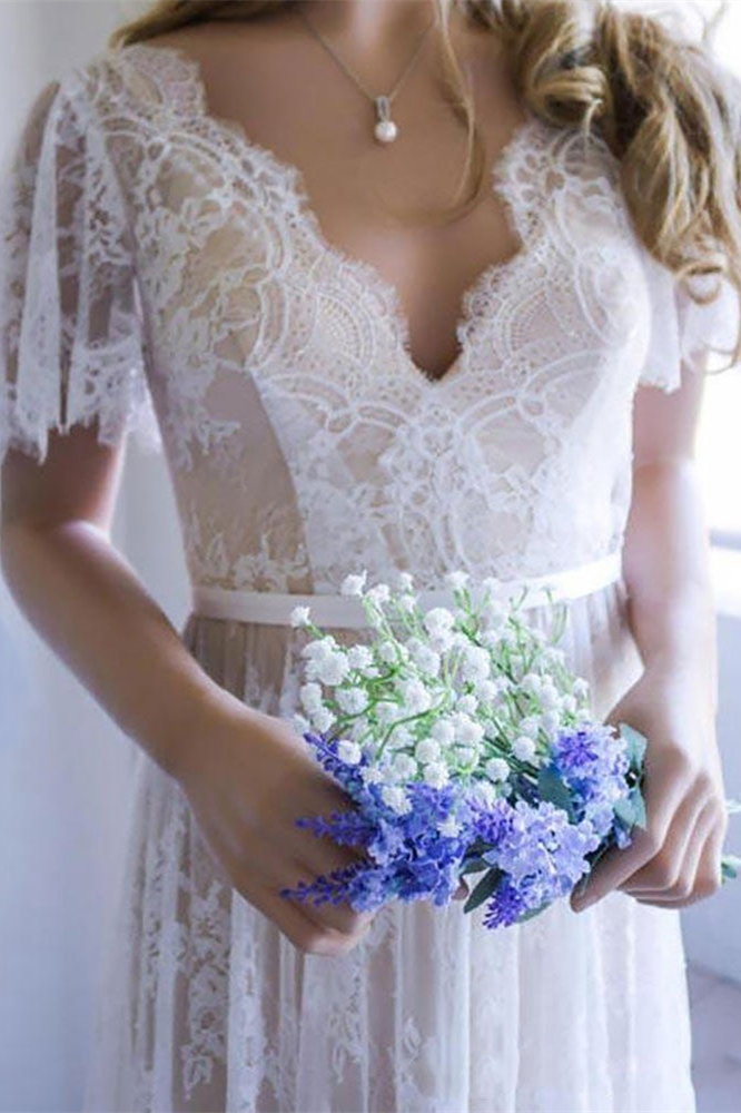 Lace Short Sleeves Boho Wedding Dress