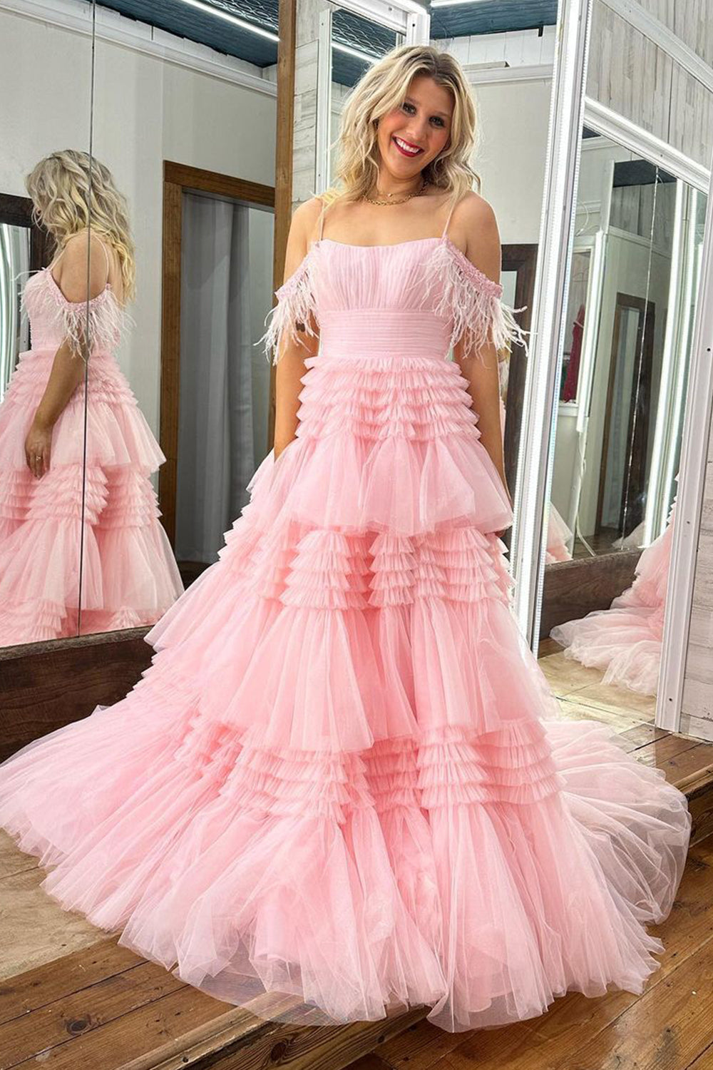 Light Pink Long Prom Dress with Feathers in an Off-the-Shoulder A-Line Style