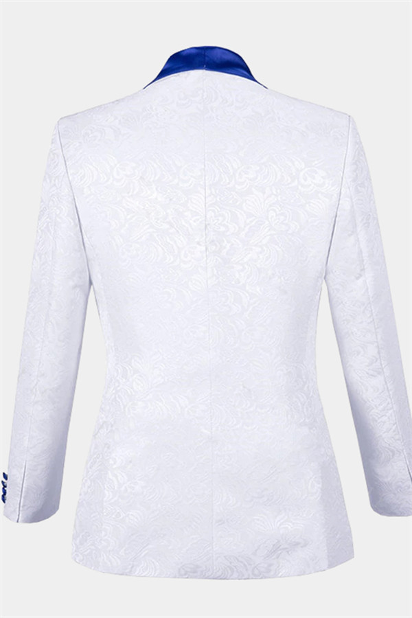 Cool White Jacquard Shawl Lapel Wedding Tuxedo with Blue Three-Piece
