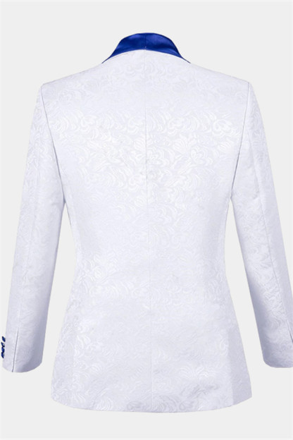 Cool White Jacquard Shawl Lapel Wedding Tuxedo with Blue Three-Piece