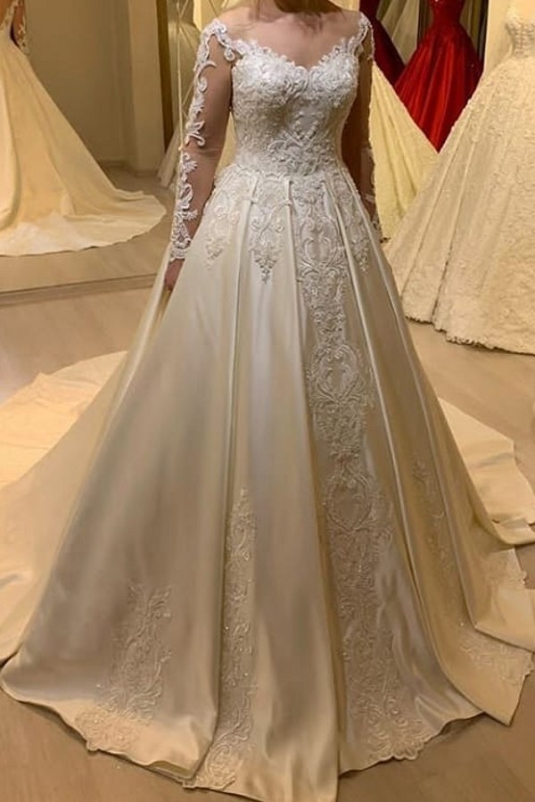 Gorgeous Long Sleeve Pearl Sweetheart Satin A-Line Wedding Dress with Lace Appliques