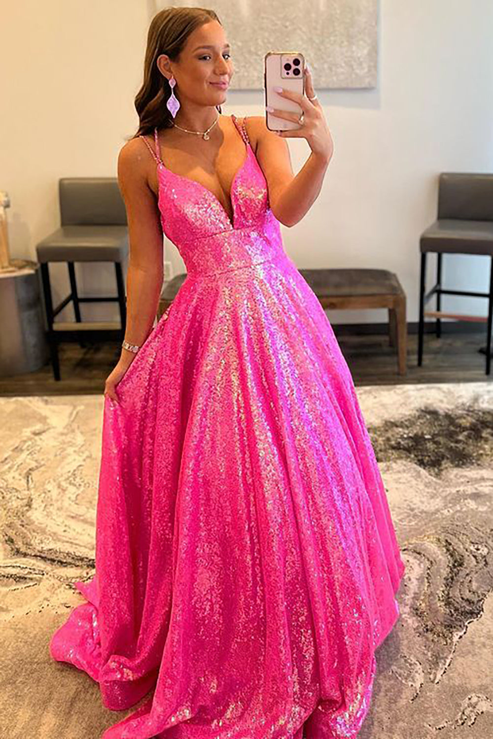 Long Prom Dress with Fuchsia Glitter Sequins
