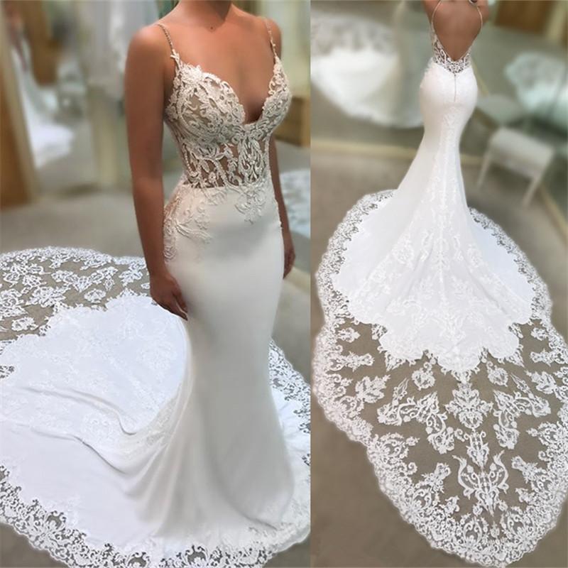 Spaghetti-Straps Mermaid V-Neck Applique Wedding Dress