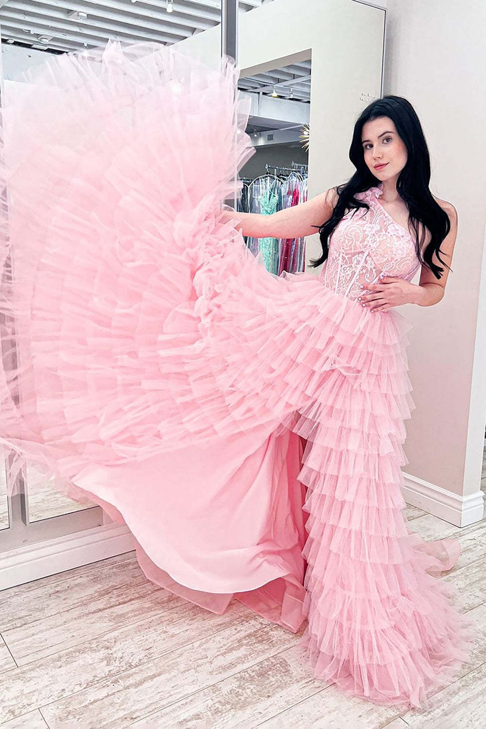 Pink One-Shoulder A-Line Corset Prom Dress with Tiered Ruffles