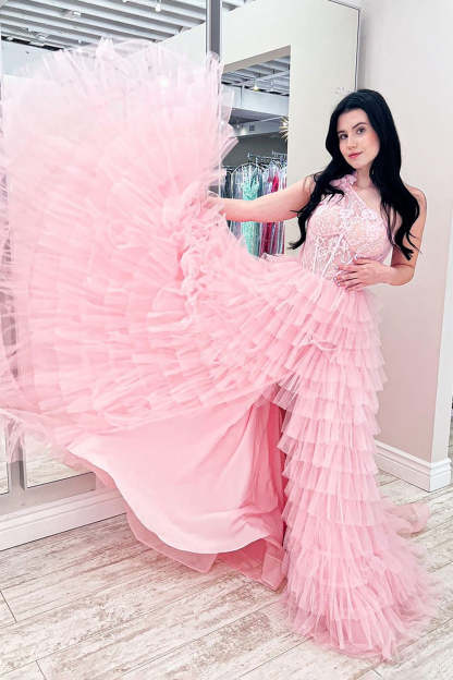 Pink One-Shoulder A-Line Corset Prom Dress with Tiered Ruffles