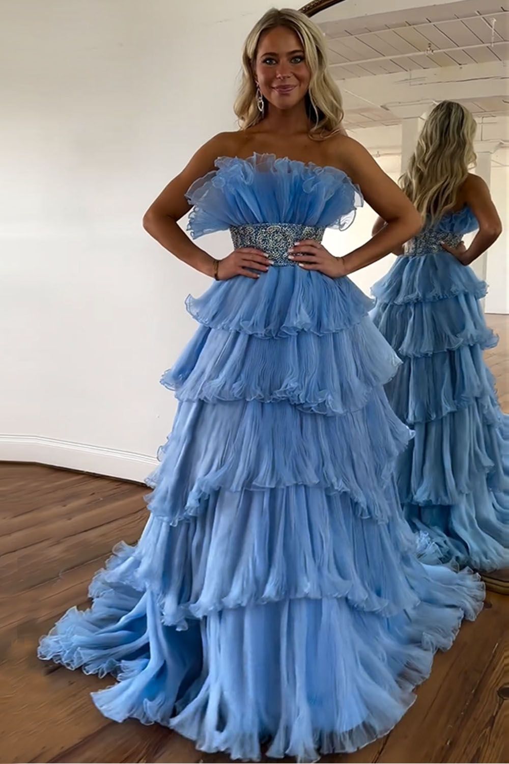 Stylish Strapless Blue A-Line Prom Dress with Beading