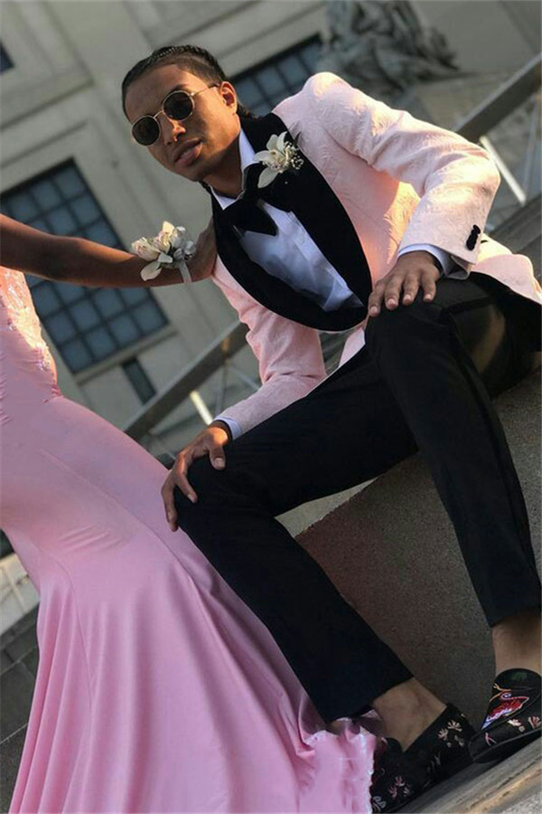 Fashion Pink Prom Suit Shawl Lapel Jacquard with One Button