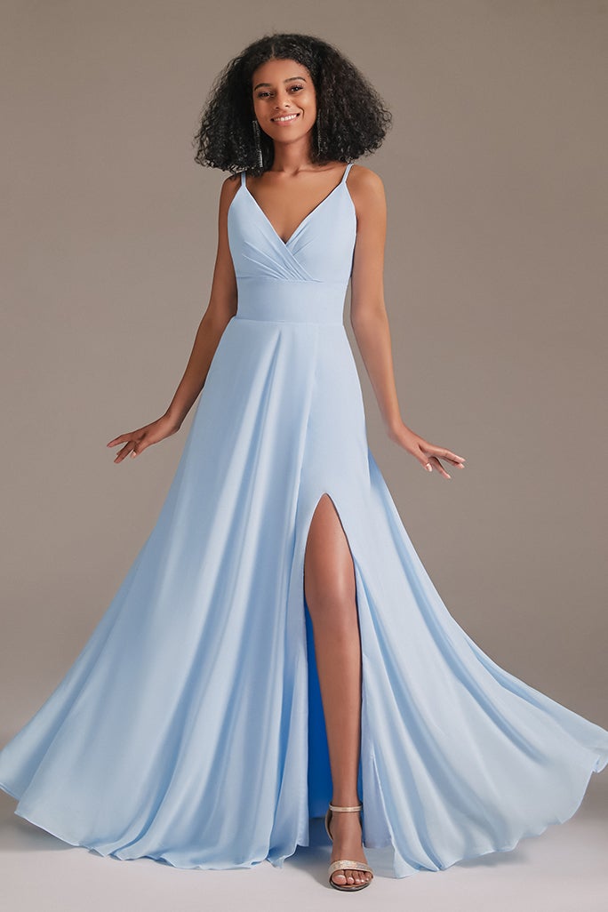 Spaghetti-Straps Slit V-Neck Bridesmaid Dress