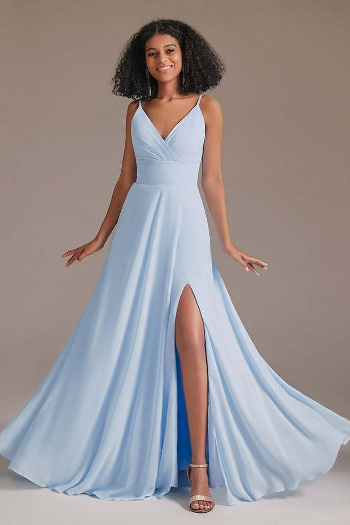 Spaghetti-Straps Slit V-Neck Bridesmaid Dress