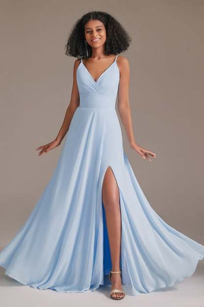 Spaghetti-Straps Slit V-Neck Bridesmaid Dress