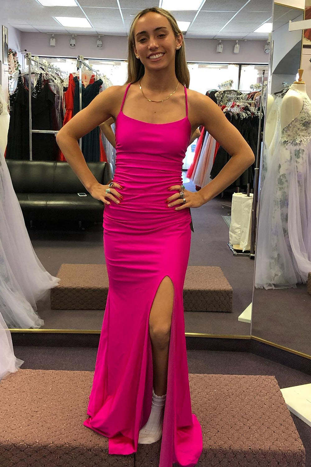 Long Hot Pink Prom Dress with Spaghetti Straps and Slit