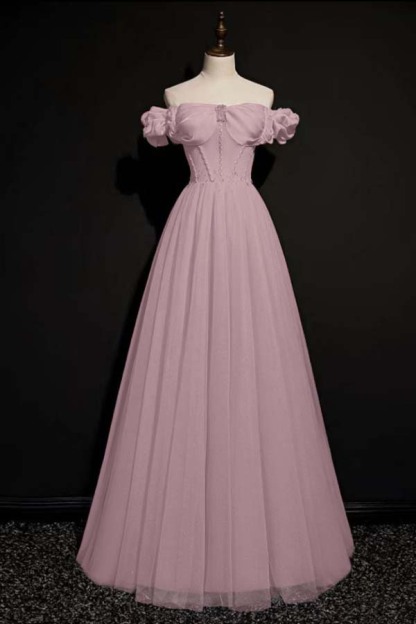 Pink Bow-Neck Off-The-Shoulder Beadings Prom Dress