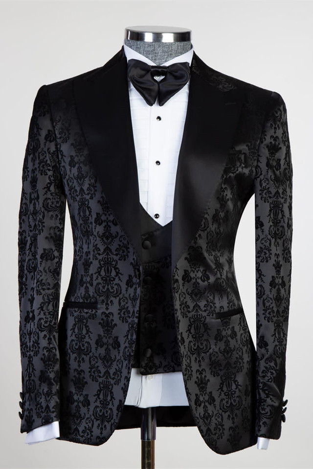 Formal Bespoke Black Peaked Lapel Three-Piece Jacquard Men's Suits